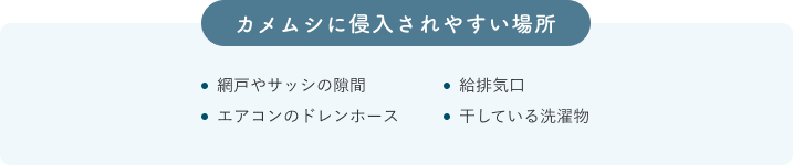 カメムシに侵入されやすい場所　網戸やサッシの隙間/給排気口/エアコンのドレンホース/干している洗濯物