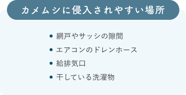 カメムシに侵入されやすい場所　網戸やサッシの隙間/給排気口/エアコンのドレンホース/干している洗濯物